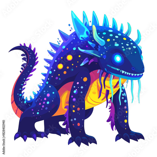 Cosmic Lizard Illustration with Glowing Spikes Scales and Celestial Motifs on a White Background
