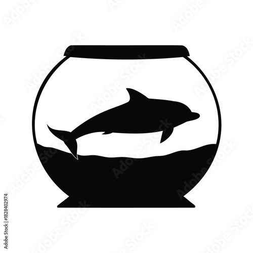 Dolphin swimming in a fishbowl, a simple and elegant silhouette design, dolphin in aquarium silhouette vector illustration