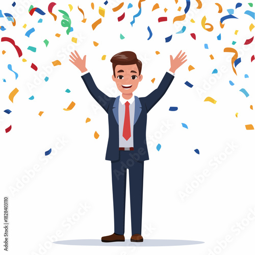 Excited businessman celebrating success with confetti falling around him