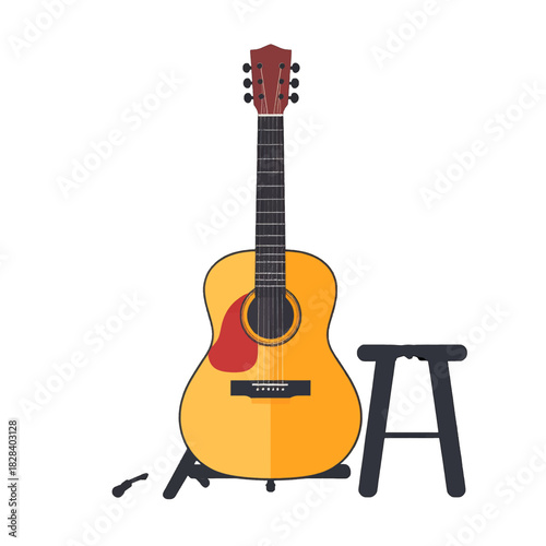 Acoustic Guitar Standing with a Red Pick Guard Beside a Stool in a White Background