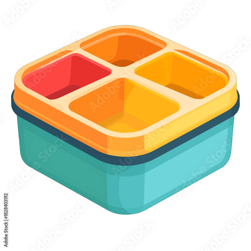 Isometric Teal Container with Red and Yellow Compartments on White Background
