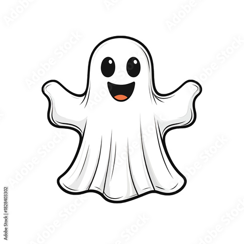 Cartoonish White Ghost with a Cheerful Smile and Black Outline Isolated on White Background for Halloween Decorations