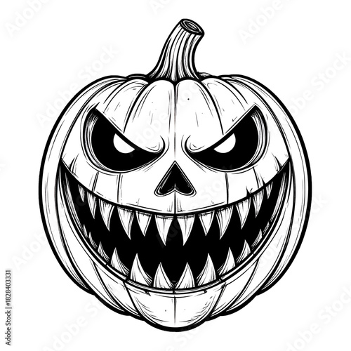 Intricate Black and White Line Art Illustration of a Spooky Carved Pumpkin with Menacing Expression and Textured Surface for Halloween Decoration
