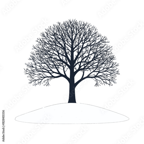 Monochromatic Tree Silhouette on Snowy Hill Illustration with Detailed Branch Structure and Pixelated Texture against Clean White Backdrop