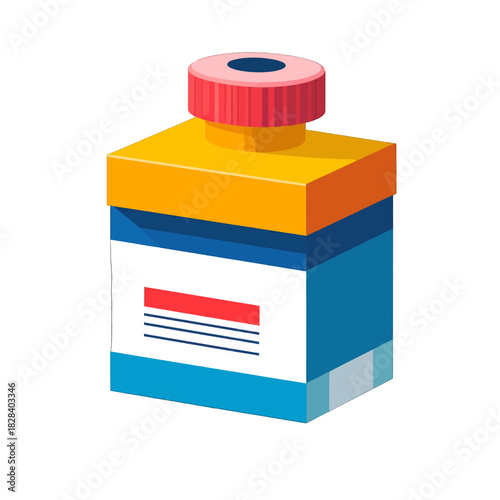 Isometric Square Bottle with Yellow Top and Blue Container with Red Cap