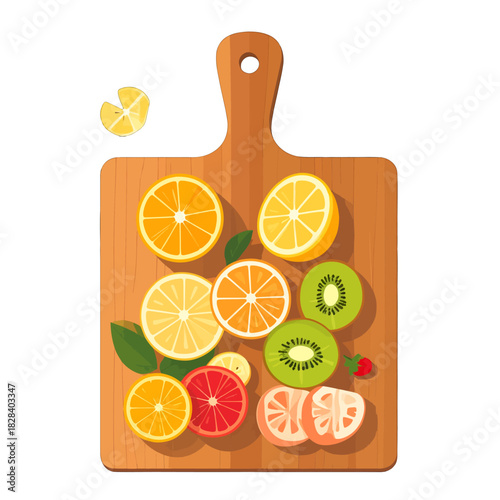 Wooden Cutting Board with Citrus Fruit Slices Orange Lemon Kiwi and Red Slices Refreshing Still Life Arrangement