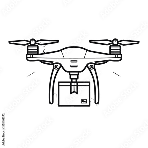 Drone Delivering Package in Line Art Style on White Background Illustration of Quadcopter Delivering Parcel in Linear Isolated
