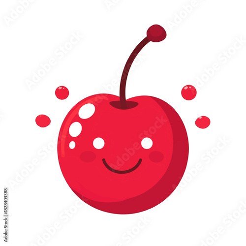 Smiling Red Cherry Fruit with Round Rosy Cheeks and Small Polka Dots on a White Background