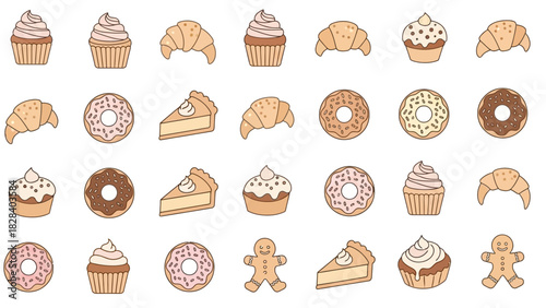 Collection of cute pastry icons including cupcakes croissants donuts and pie slices simple vector illustration isolated on white