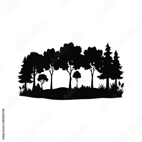 Silhouette illustration of a dense forest with various tree types and foliage, forest clearing silhouette vector illustration