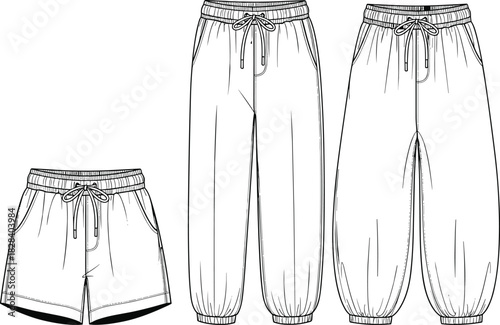Women's Loose Fit Jogger Pants and Drawstring Elastic Waist Shorts Vector Flat Illustration Set, Casual Fashion Apparel Technical Sketch, Comfortable Lounge Bottoms Design Template.