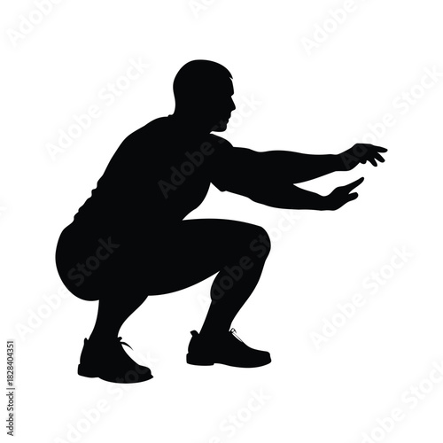 Silhouette of a man in a deep squat with arms extended, person doing squats silhouette vector illustration