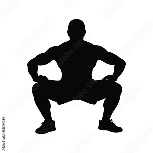 Silhouette of a muscular man in squat position getting ready for workout, person doing squats silhouette vector illustration