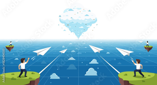 Conceptualizing Cloud Communication: Businessmen Launch Ideas via Paper Airplanes into a Central Digital Cloud Hub over a Cyberspace Grid.