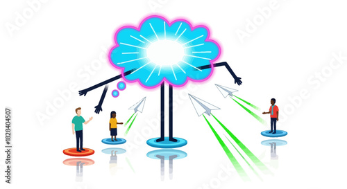 Collaborative Crowdsourcing: Diverse Team Submitting Ideas and Data to Centralized Innovation Cloud Illustration