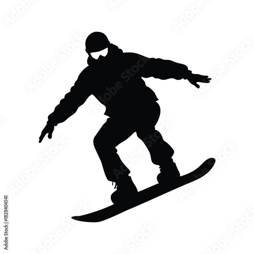 Silhouette of a snowboarder in action, isolated on a white background, person snowboarding silhouette vector illustration
