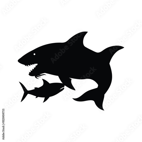 A large shark predatory attack silhouette and a small fish prey silhouette, shark attacking prey silhouette vector illustration