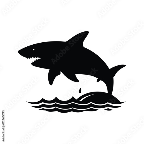Black and white silhouette of a shark jumping out of the water, shark breaching water silhouette vector illustration