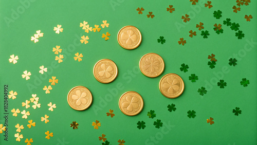 Golden coins and shamrock decorations create a festive display for St. Patrick's Day celebration