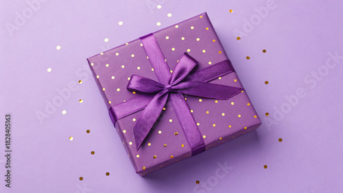 Beautiful purple gift box with gold accents on a vibrant purple background surrounded by golden confetti pieces