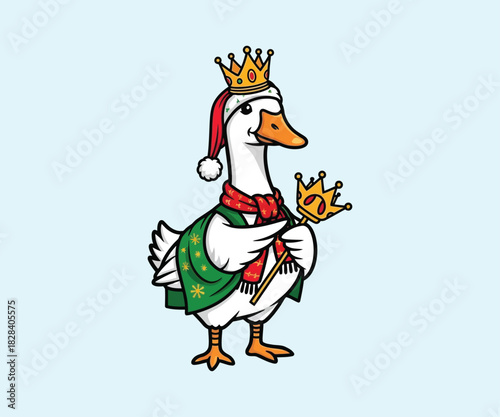 Cartoon goose king character illustration in winter holiday costume