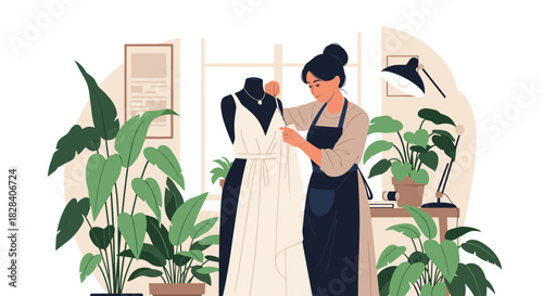 Talented female fashion designer working on a wedding dress on a mannequin in a beautiful, plant-filled creative studio.