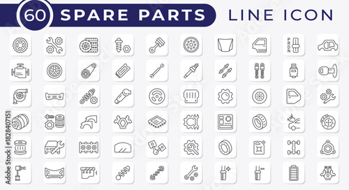 Automotive Parts Outline Vector Icons. Car spare parts, Tire, Engine, Brake, Gear, Battery, Piston, Filter & Car Repair Symbols