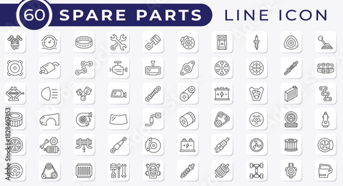 Car Spare Parts Line Icons. Engine, Piston, Brake, Gear, Tire, Filter and Automotive Service Icon Collection