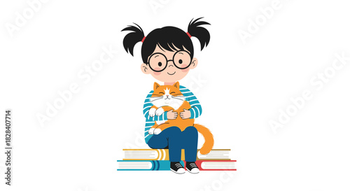 Adorable cartoon girl with glasses sitting on a stack of books and lovingly cuddling a fluffy orange tabby cat in her lap.