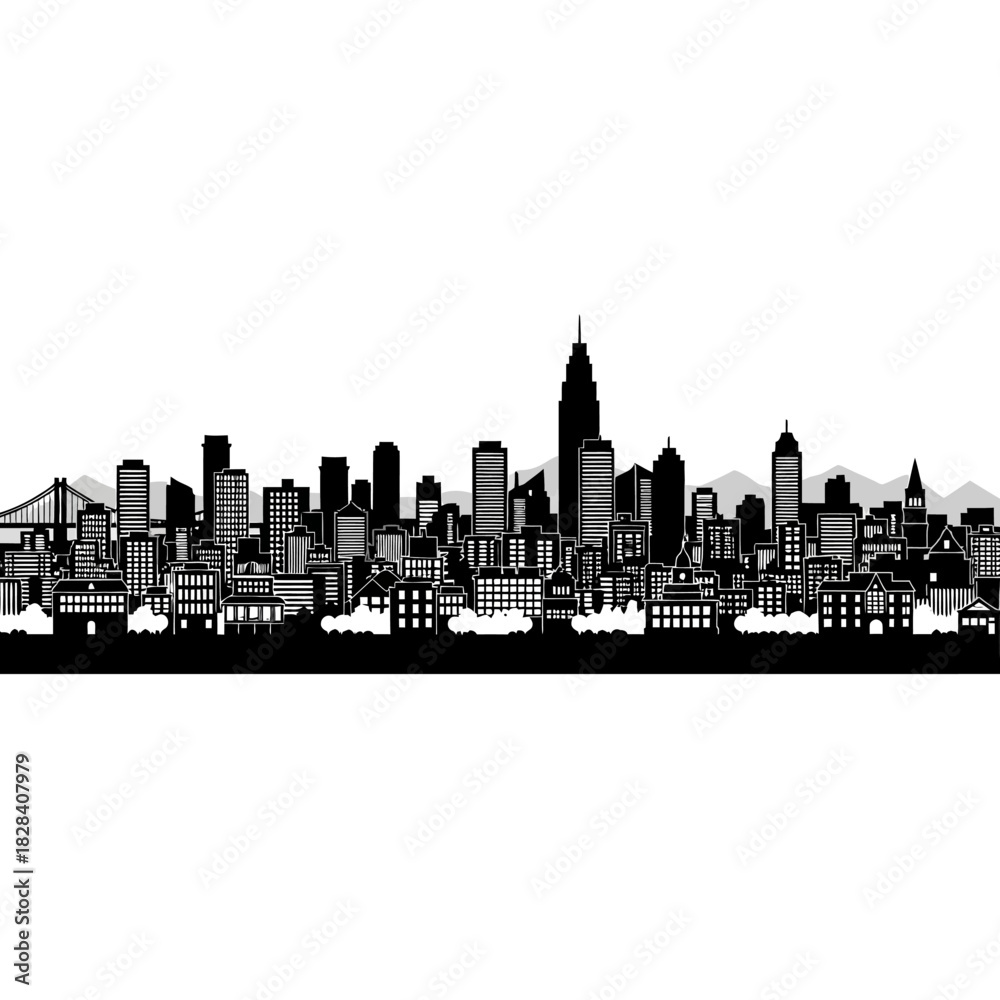 Naklejka premium Black and white city skyline silhouette vector
