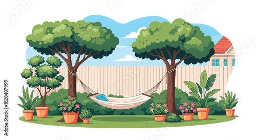 Peaceful backyard garden with a comfortable hammock hanging between two trees, surrounded by lush plants and a green lawn.