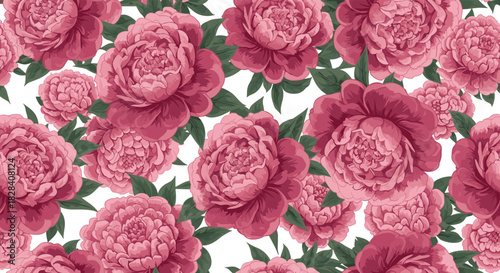Seamless floral pattern with beautiful, lush pink peony flowers and green leaves on a white background for a romantic design.