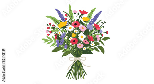 Colorful bouquet of beautiful hand-drawn wildflowers including poppies, daisies, and lavender, tied with a rustic string bow.