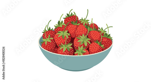 Simple and fresh vector illustration of a light blue bowl filled with ripe, juicy red strawberries on a white background.