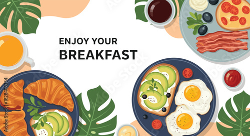 Breakfast food banner with delicious dishes like croissants, avocado toast, and fried eggs, framed by tropical monstera leaves.