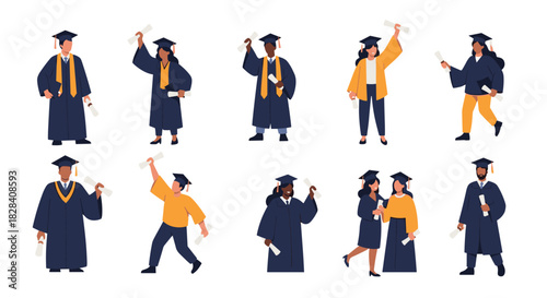 Diverse group of happy multicultural students in graduation caps and gowns celebrating their academic achievement with diplomas.