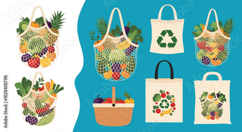Collection of reusable and eco-friendly shopping bags filled with fresh fruits and vegetables, promoting a zero-waste lifestyle.