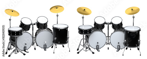 Canvas Print Set of realistic drums with metal cymbals or drumset on white background