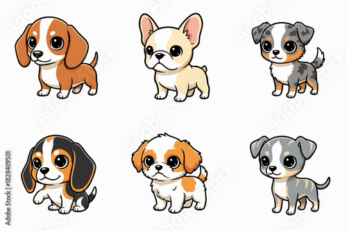 Cute Cartoon Puppy Collection Set Isolated White Background