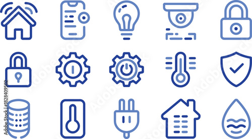 Collection of smart home automation system icons representing connected devices and security features for modern living and efficiency isolated on white
