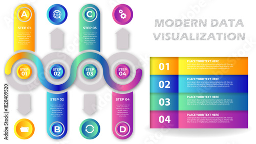 Colorful Step-by-Step Infographic Diagram With Circular Flow Arrows, Timeline Blocks, Numbered Stages, and Modern Data Visualization Elements for Business Planning and Presentation Design