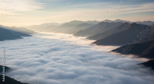 Stunning mountain peaks rise above a dreamy cloud inversion