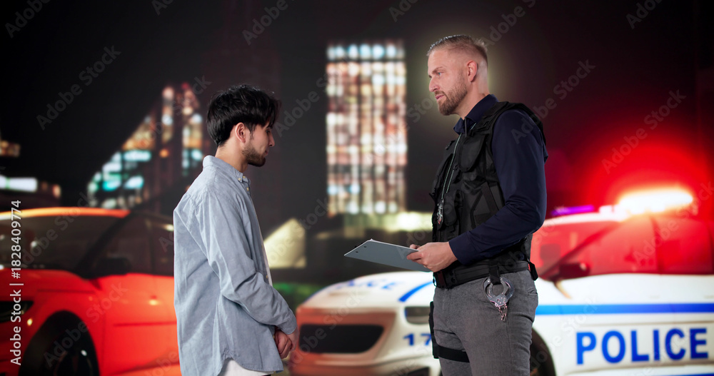 Fototapeta premium Late Night Traffic Stop: Asian Engineer Speaks