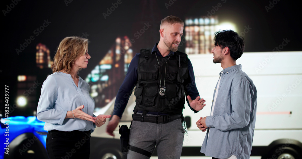Fototapeta premium Late Night Collision: Two Drivers Argue, Police Intervene