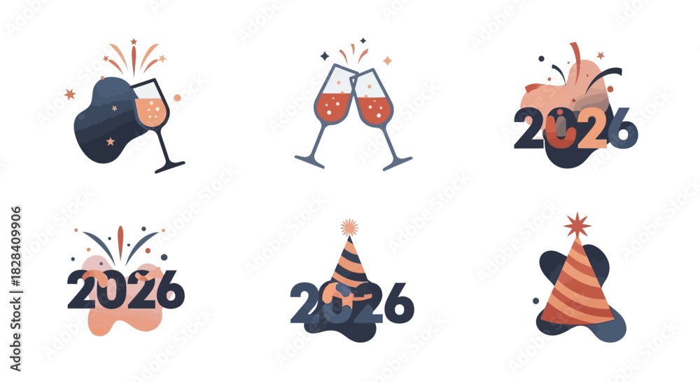 Fototapeta premium Abstract Symbolic 2026 New Year Icons in Flat Minimal Style