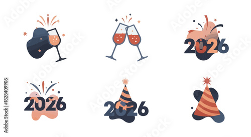 Abstract Symbolic 2026 New Year Icons in Flat Minimal Style