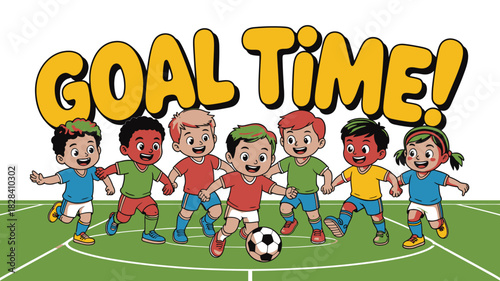Cartoon Illustration Diverse Children Playing Soccer on Green Field with Goal Time! Text