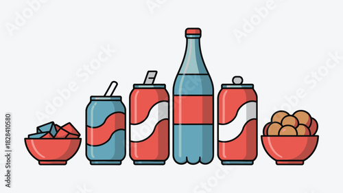 Cartoon Illustration of Drinks and Snacks Featuring Soda Cans, Water Bottle, and Bowls with Food