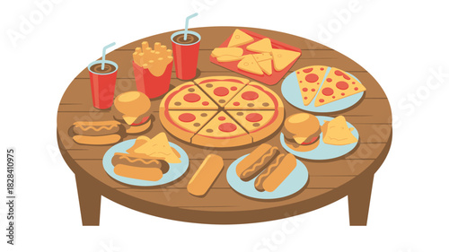 Cartoon Illustration of Pizza, Burgers, Hot Dogs, Fries, Nachos, and Drinks on a Wooden Table