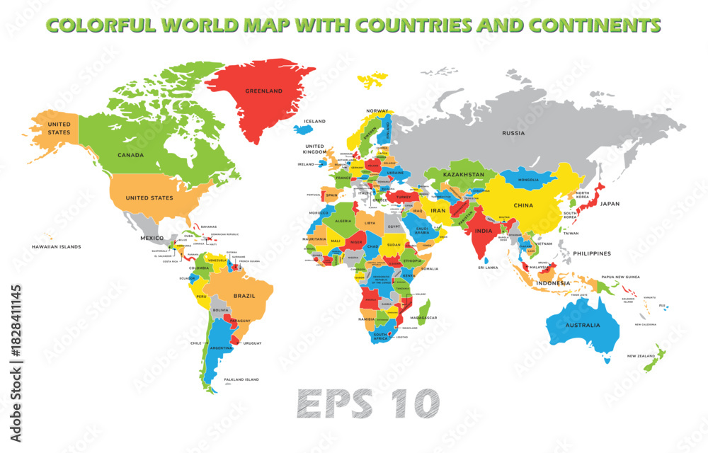Fototapeta premium Colorful World Map with Countries and Continents for Education, Travel Planning, Geography Learning, Global Visualization, Classroom Posters, International Studies, and Informative Illustrations